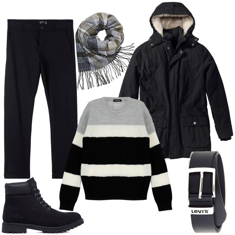 Outfit uomo - Una giornata piovosa. Stile Urban per Tutti i giorni. Abbinamento con parka, pantaloni chino, pullovers, stivali e stivaletti, cinture, sciarpe.