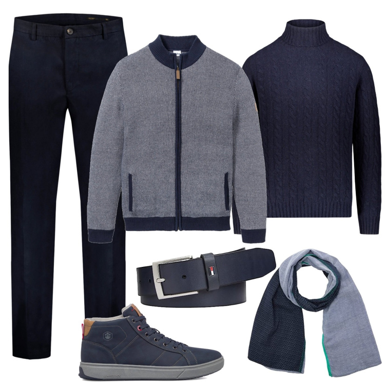 Outfit uomo - In montagna con gli amici. Stile Trendy per Tutti i giorni. Abbinamento con cardigans, sneakers alte, maglieria, sciarpe, pantaloni, cinture.