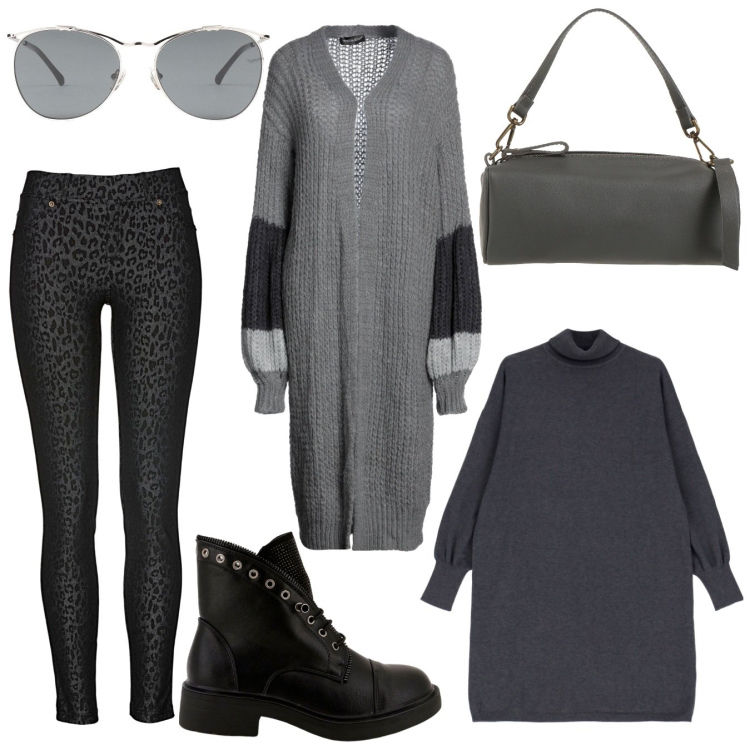 Outfit donna - Total grey curvy. Stile Casual per Tutti i giorni. Abbinamento con jeggings, pullovers, borse a spalla, occhiali da sole, vestiti corti, stivaletti.