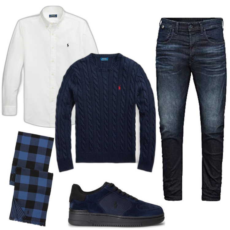 Outfit uomo - Camicia bianca e pullover blu. Stile Casual per Tutti i giorni. Abbinamento con jeans dritti, maglieria, camicie, sneakers, sciarpe, cinture.