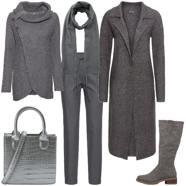 Outfit donna - Monochrome grigio. Stile Trendy per Tutti i giorni. Abbinamento con maglieria, pantaloni, cappotti, shopping bag, sciarpe, stivali sopra il ginocchio.