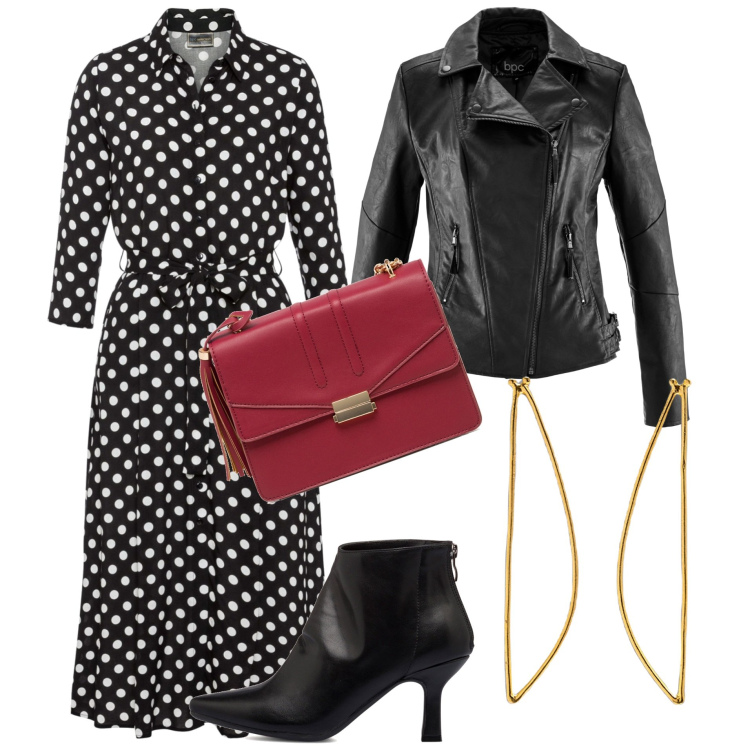 Outfit donna - Serata fuori. Stile Casual chic per Serata fuori. Abbinamento con blazer, vestiti midi/longuette, stivaletti, borse a tracolla, orecchini.