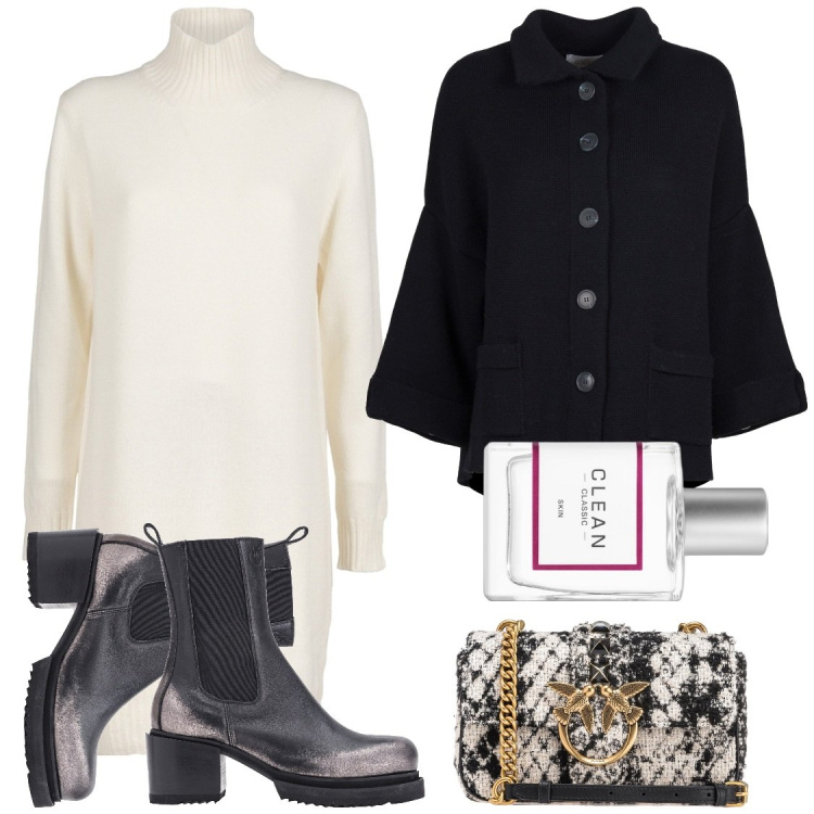 Outfit donna - Legno di cachemire. Stile Chic per Serata fuori. Abbinamento con profumi, stivaletti chelsea, borse a tracolla, vestiti, blazer.
