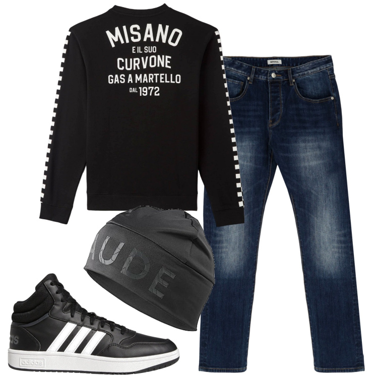 Outfit uomo - Con gli amici. Stile Casual per Tutti i giorni. Abbinamento con felpe, jeans dritti, sneakers alte, berretti.