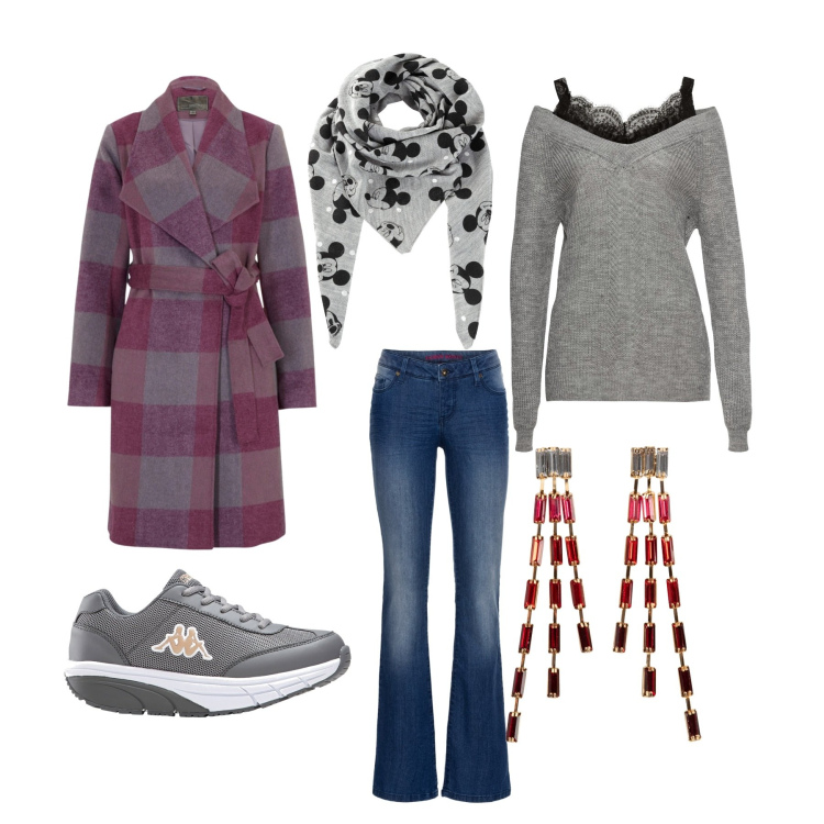 Outfit donna - Caffè con le amiche. Stile Casual per Tutti i giorni. Abbinamento con jeans bootcut, orecchini, maglieria, cappotti, foulard, scarpe sportive.
