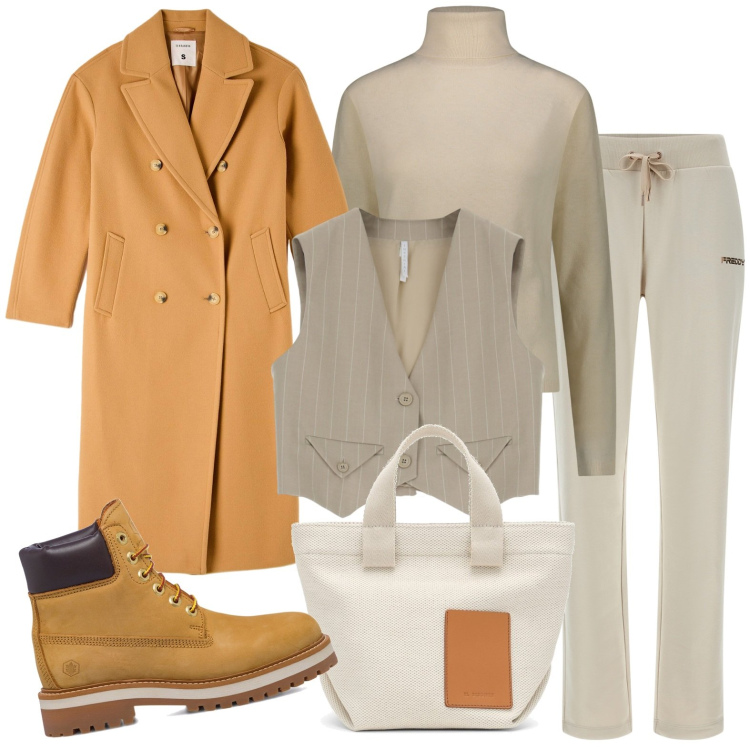 Outfit donna - Inverno. Stile Casual per Tutti i giorni. Abbinamento con cappotti, gilet, pantaloni, stivaletti, pullovers, borse a mano.