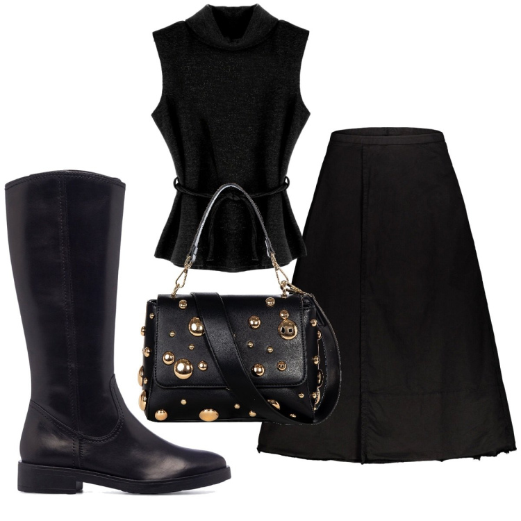 Outfit donna - Total look #1765794. Stile Trendy per Tutti i giorni. Abbinamento con borse a spalla, maglieria, stivali sopra il ginocchio, gonne lunghe.