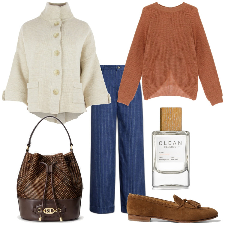 Outfit donna - Total look #1765818. Stile Trendy per Tutti i giorni. Abbinamento con profumi, pullovers, mocassini, pantaloni, borse a secchiello, blazer.