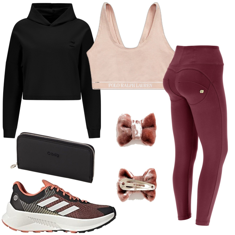 Outfit donna - Rosa e rosso basic sport. Stile Basic per Sport. Abbinamento con pantaloni skinny, felpe con cappuccio, canottiere, scarpe sportive, accessori per capelli, portafogli.