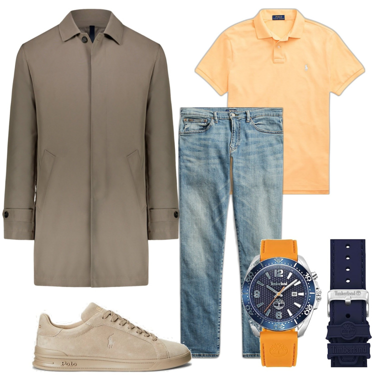 Outfit uomo - L\' Impermeabile. Stile Trendy per Tutti i giorni. Abbinamento con sneakers, jeans dritti, polo, orologi analogici, giacche.