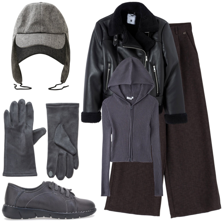Outfit donna - Winter accessories. Stile Casual per Tutti i giorni. Abbinamento con ecopellicce, maglieria, guanti, pantaloni a palazzo, cappelli, scarpe stringate.