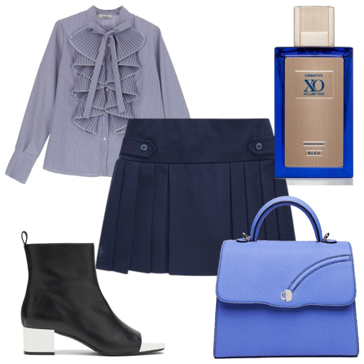 Outfit donna - Total look #1765836. Stile Bon Ton per Tutti i giorni. Abbinamento con profumi, camicie, stivaletti, minigonne, borse a mano.
