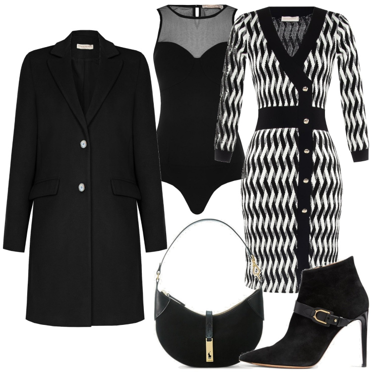 Outfit donna - Total look #1765839. Stile Chic per Serata fuori. Abbinamento con vestiti a tubino, cappotti, body, borse a spalla, stivaletti.