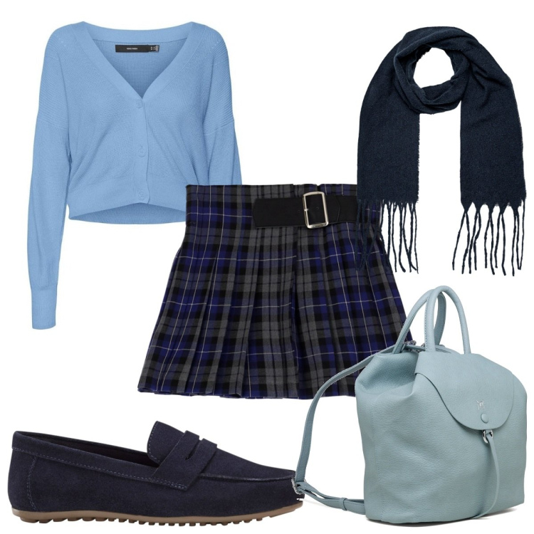 Outfit donna - Total look #1765840. Stile Preppy per Scuola/Università. Abbinamento con mocassini, minigonne, cardigans, zaini, sciarpe.