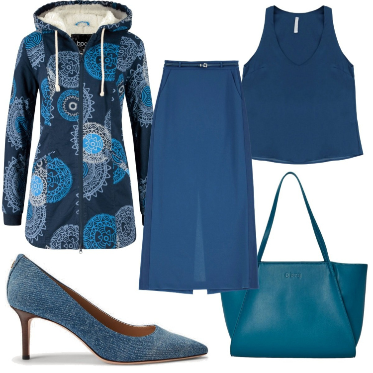 Outfit donna - Total look #1765845. Stile Trendy per Tutti i giorni. Abbinamento con parka, gonne lunghe, canottiere, décolleté, borse a spalla.
