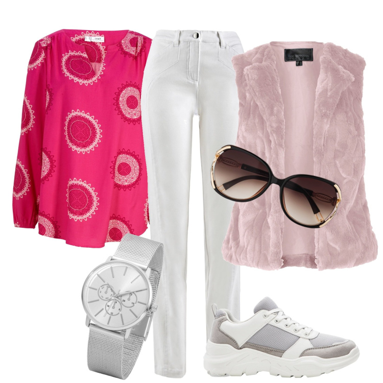 Outfit donna - Total look #1765863. Stile Casual per Tutti i giorni. Abbinamento con gilet, occhiali da sole, tuniche, pantaloni sportivi, sneakers, pantaloni skinny.