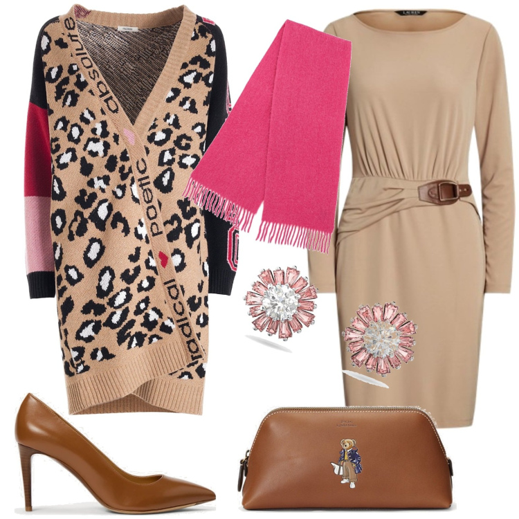 Outfit donna - Con eleganza. Stile Chic per Ufficio. Abbinamento con cardigans, décolleté, valigie, vestiti, orecchini, sciarpe.