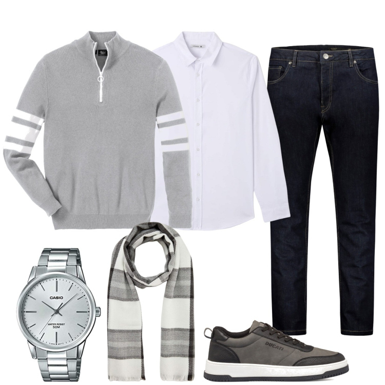Outfit uomo - Un bravo ragazzo. Stile Casual per Tutti i giorni. Abbinamento con t-shirt sportive, camicie, sciarpe, sneakers alte, orologi analogici, jeans.