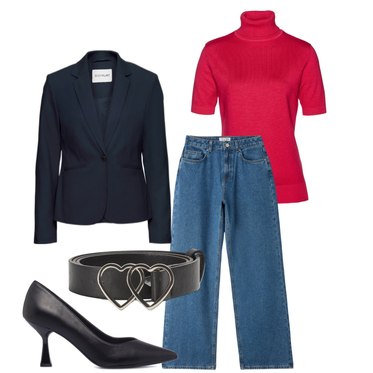 Outfit donna - Il lupetto sottogiacca. Stile Casual chic per Ufficio. Abbinamento con maglieria, blazer, jeans, cinture, décolleté.