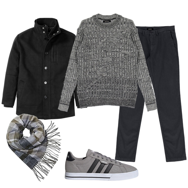 Outfit uomo - Perfetto in grigio e nero. Stile Casual per Tutti i giorni. Abbinamento con giacche, pantaloni, pullovers, sneakers, sciarpe.