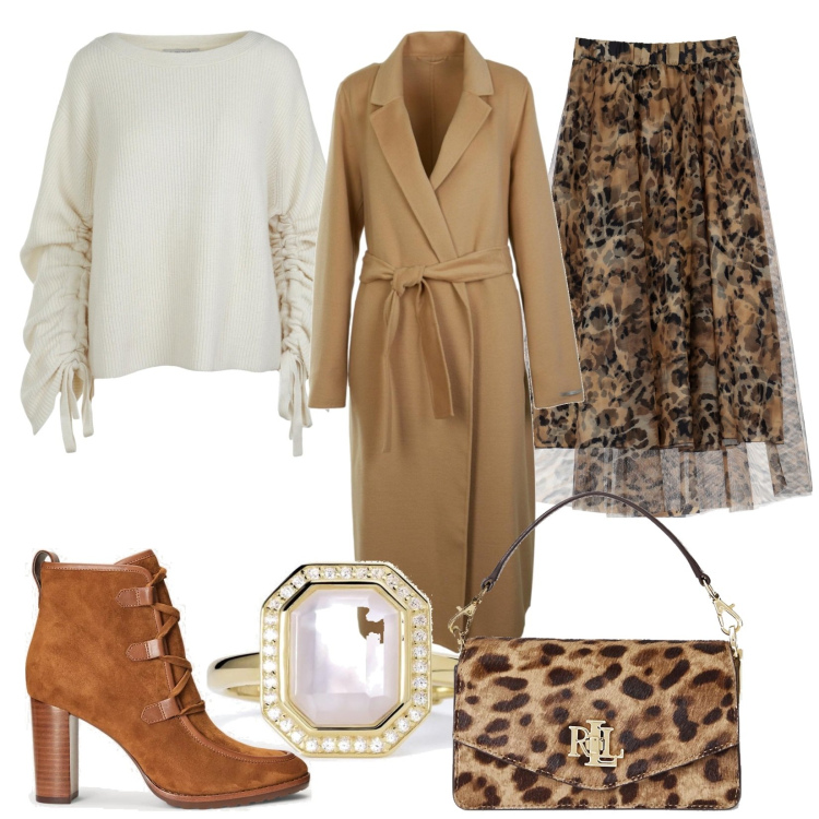 Outfit donna - Maglieria invernale. Stile Trendy per Serata fuori. Abbinamento con anelli, gonne longuette, borse a tracolla, stivaletti, cappotti, maglieria.