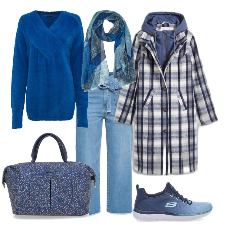 Outfit donna - Per le amanti del blu. Stile Casual per Tutti i giorni. Abbinamento con cappotti, maglieria, pantaloni capri, sneakers, borse a mano, sciarpe.