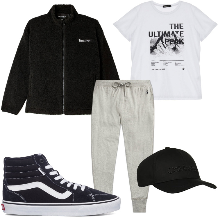 Outfit uomo - In giro con amici. Stile Urban per Tutti i giorni. Abbinamento con felpe, t-shirt, pantaloni, sneakers alte, cappelli con visiera.