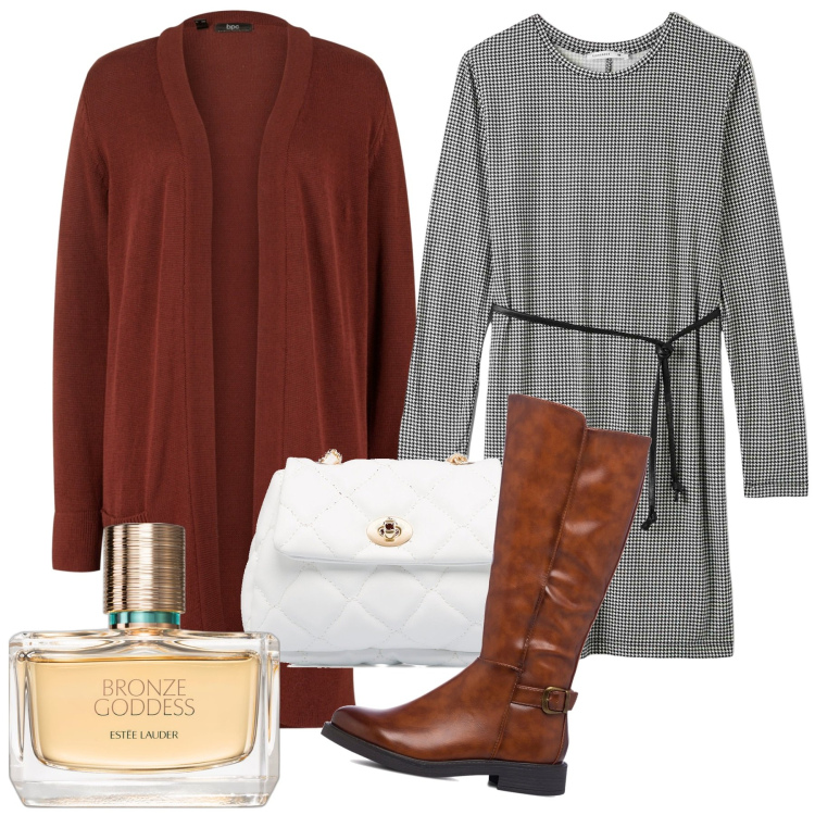 Outfit donna - Vichy e caramello. Stile Bon Ton per Ufficio. Abbinamento con cardigans, profumi, vestiti midi/longuette, stivali, borse a tracolla.