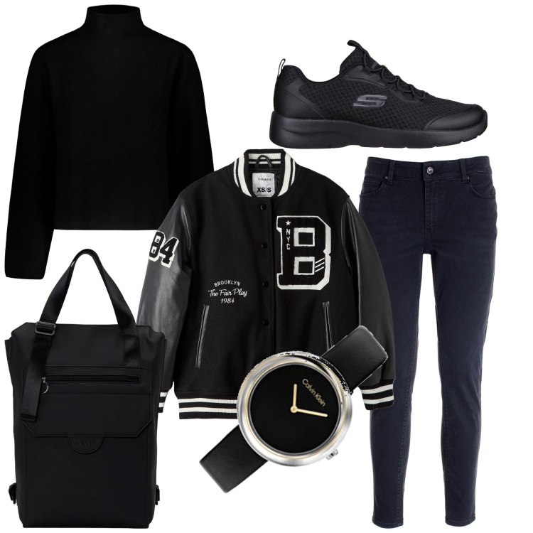 Outfit donna - Oggi sono nera. Stile Casual per Tutti i giorni. Abbinamento con bomber, jeans skinny, sneakers, maglieria, zaini, orologi analogici.