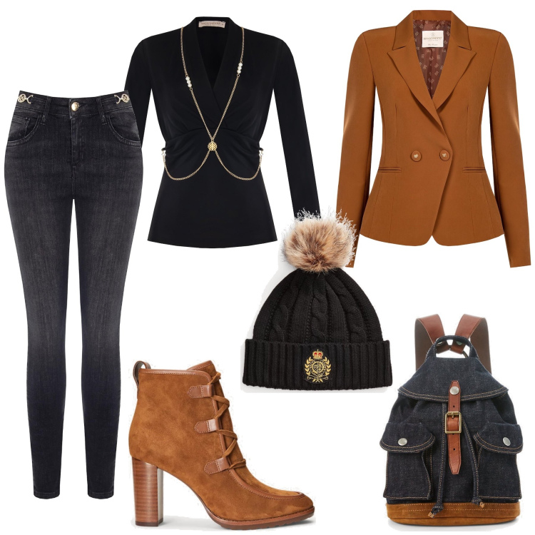 Outfit donna - In città. Stile Chic per Tutti i giorni. Abbinamento con culotte, blazer, jeans skinny, zaini, stivaletti, berretti.