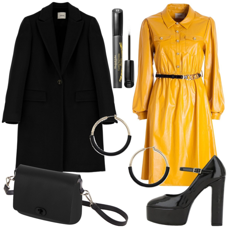 Outfit donna - L’abito giallo. Stile Trendy per Serata fuori. Abbinamento con mascara, vestiti chemisier, décolleté, orecchini, cappotti, borse a spalla.