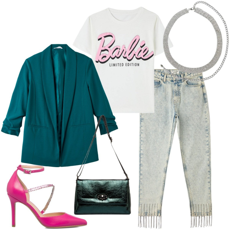 Outfit donna - Jeans con strass. Stile Glamour per Serata fuori. Abbinamento con cinture, blazer, jeans mom, t-shirt, décolleté, borse a tracolla.