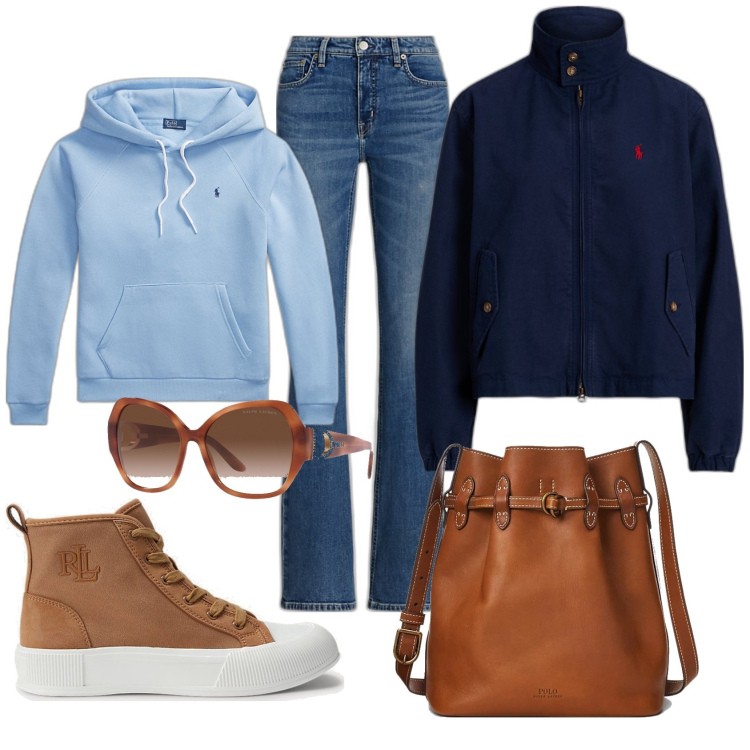Outfit donna - Casual con Ralph Lauren. Stile Casual per Tutti i giorni. Abbinamento con sneakers, jeans bootcut, borse a secchiello, felpe con cappuccio, occhiali da sole, cappotti.