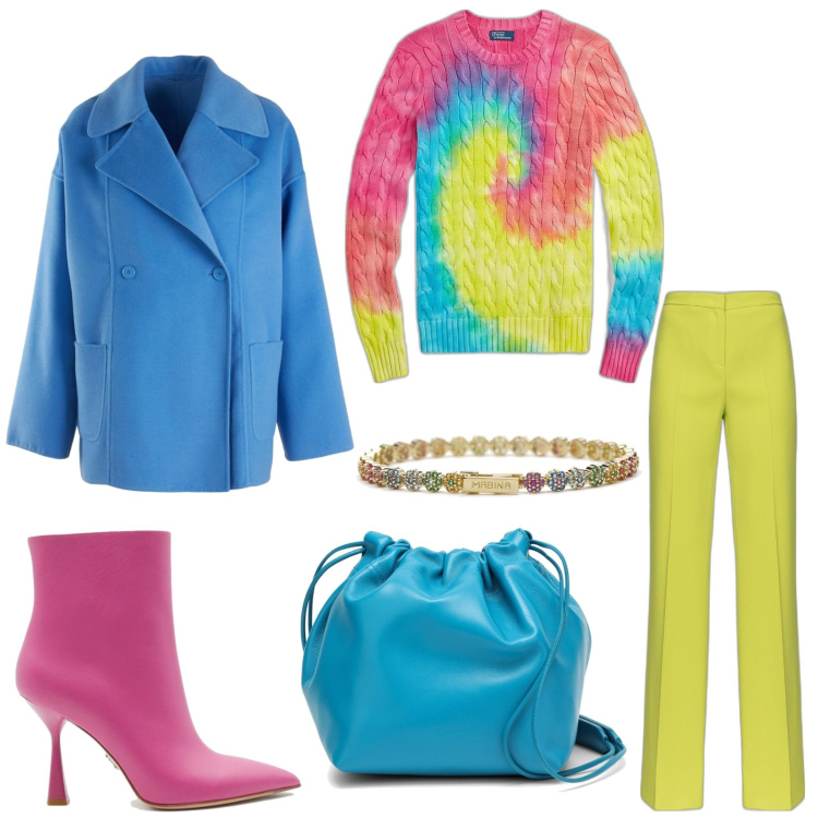 Outfit donna - In colors. Stile Casual chic per Scuola/Università. Abbinamento con braccialetti, pantaloni, maglieria, cappotti, borse a secchiello, stivaletti.