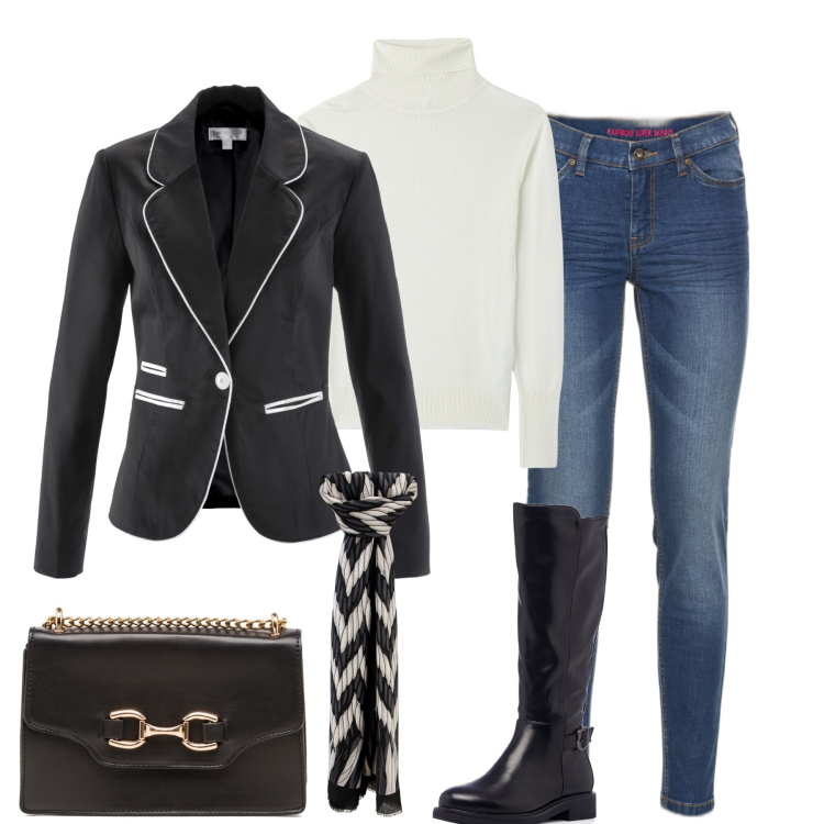 Outfit donna - La giacca stile equitazione. Stile Casual chic per Tutti i giorni. Abbinamento con jeans skinny, blazer, maglieria, foulard, stivali sopra il ginocchio, borse a tracolla.