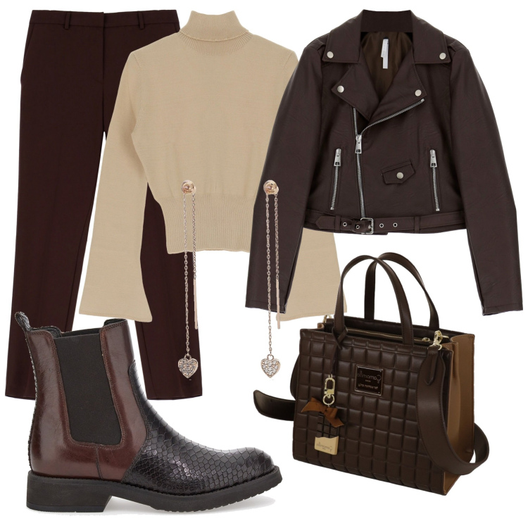 Outfit donna - Total look #1766120. Stile Urban per Ufficio. Abbinamento con orecchini, maglieria, pantaloni, cappotti, borse a mano, stivaletti.