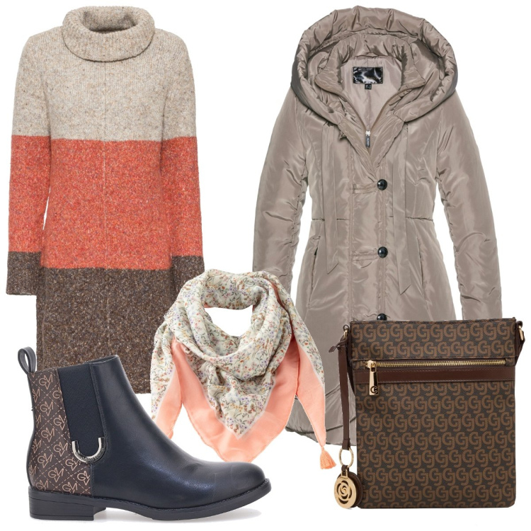 Outfit donna - Salmone e tortora. Stile Casual per Tutti i giorni. Abbinamento con blazer, vestiti, foulard, borse a tracolla, stivaletti chelsea.