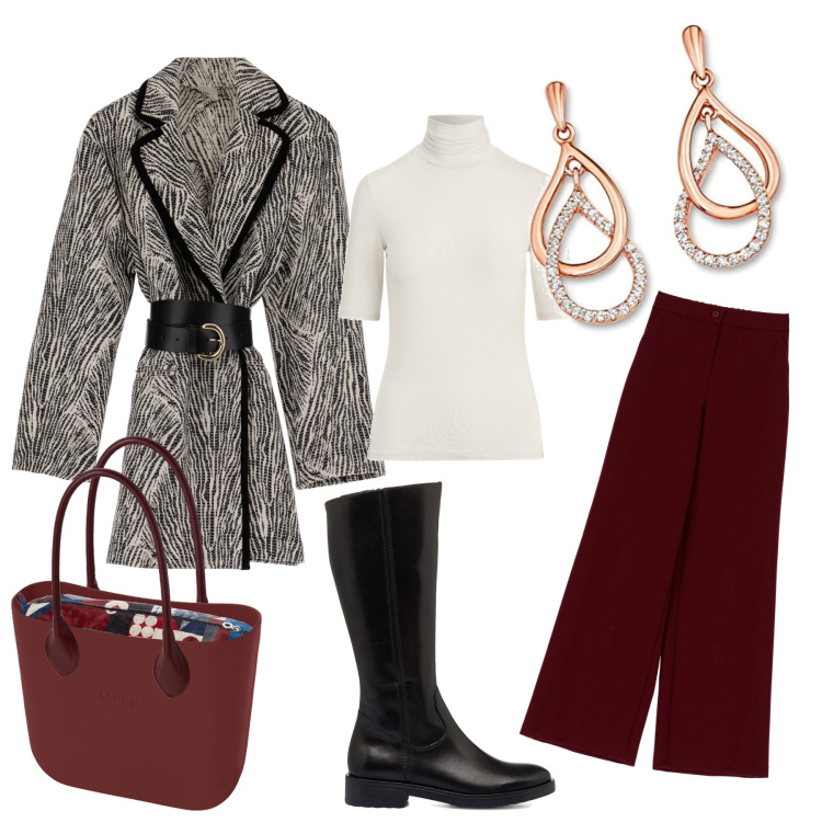 Outfit donna - Total look #1766122. Stile Casual chic per Ufficio. Abbinamento con cappotti, pantaloni a palazzo, stivali sopra il ginocchio, maglieria, orecchini, borse a spalla.