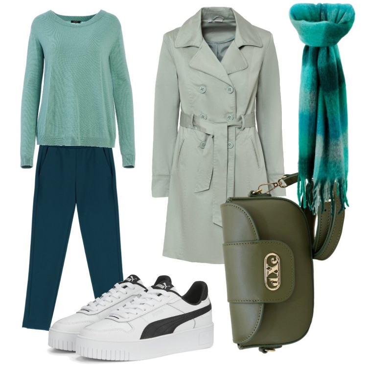 Outfit donna - Tempo Libero. Stile Casual chic per Tutti i giorni. Abbinamento con trench, maglieria, pantaloni, pochette, sciarpe, sneakers.