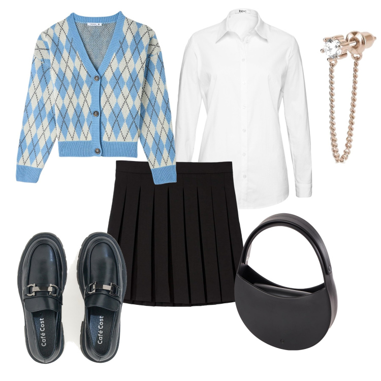 Outfit donna - College. Stile Trendy per Tutti i giorni. Abbinamento con camicie, minigonne, cardigans, orecchini, mocassini, borse a spalla.