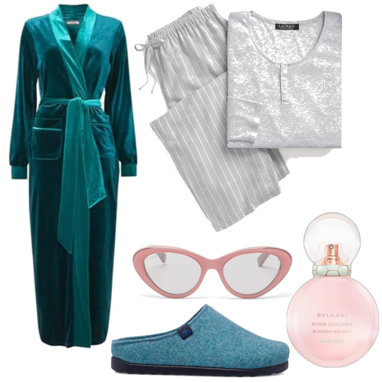 Outfit donna - Tisana e libro. Stile Basic per Tutti i giorni. Abbinamento con profumi, pantofole, pigiama, vestaglie, occhiali da sole.