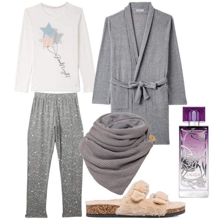 Outfit donna - Tisana e libro. Stile Basic per Tutti i giorni. Abbinamento con foulard, profumi, vestaglie, pigiama, pantofole.