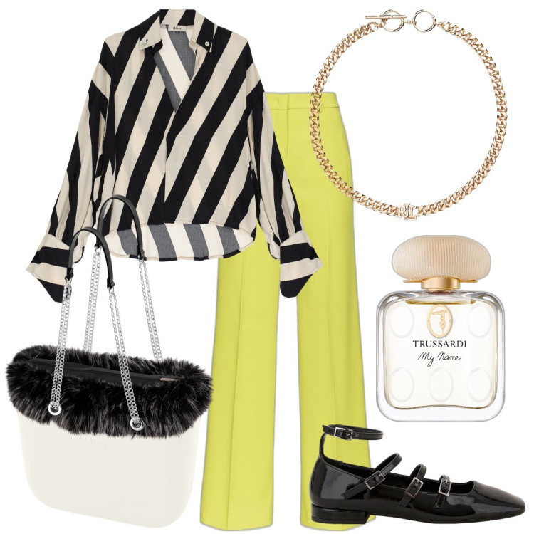 Outfit donna - Il pantalone lime. Stile Bon Ton per Ufficio. Abbinamento con profumi, pantaloni, ballerine, camicie, collane, borse a spalla.
