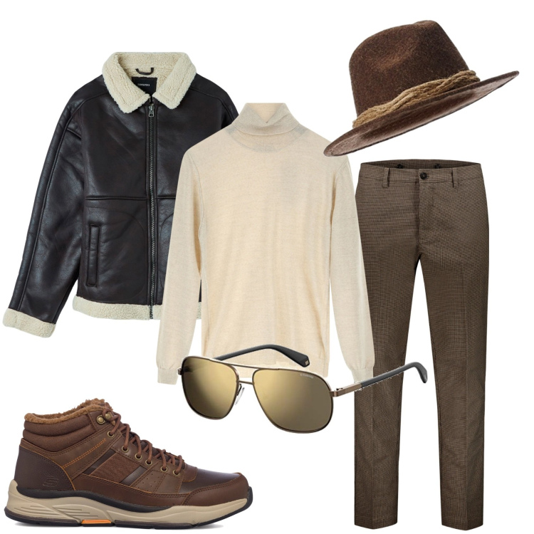 Outfit uomo - In campagna per il week-end. Stile Urban per Tutti i giorni. Abbinamento con piumini, maglieria, anfibi, occhiali da sole, pantaloni, cappelli.