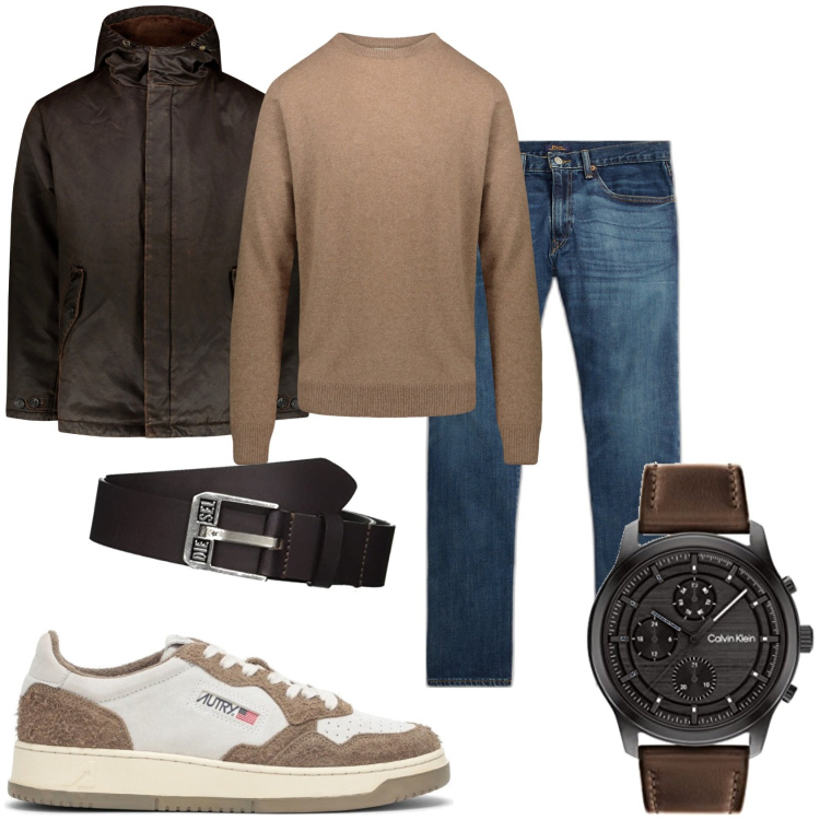 Outfit uomo - Jeans con un maglioncino caldo. Stile Trendy per Tutti i giorni. Abbinamento con jeans dritti, maglieria, cappotti, sneakers, cinture, orologi analogici.