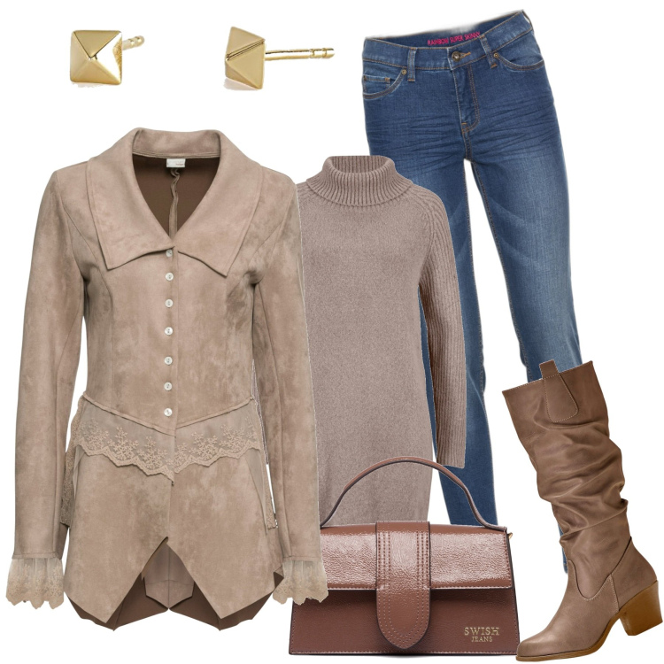 Outfit donna - In città. Stile Casual chic per Tutti i giorni. Abbinamento con stivali, jeans skinny, maglieria, blazer, orecchini, borse a mano.