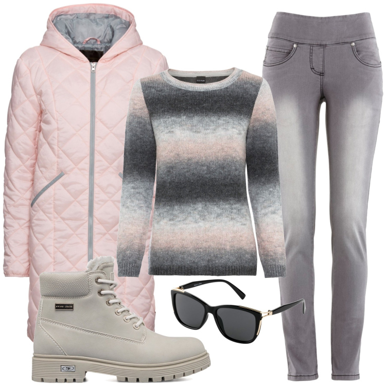 Outfit donna - Total look #1766247. Stile Minimal per Tutti i giorni. Abbinamento con jeans slim fit, maglieria, blazer, occhiali da sole, stivaletti.