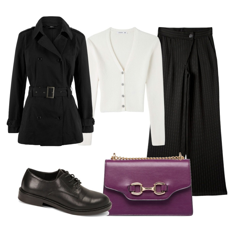 Outfit donna - Emma. Stile Casual per Tutti i giorni. Abbinamento con trench, pantaloni a palazzo, cardigans, scarpe stringate, borse a tracolla.