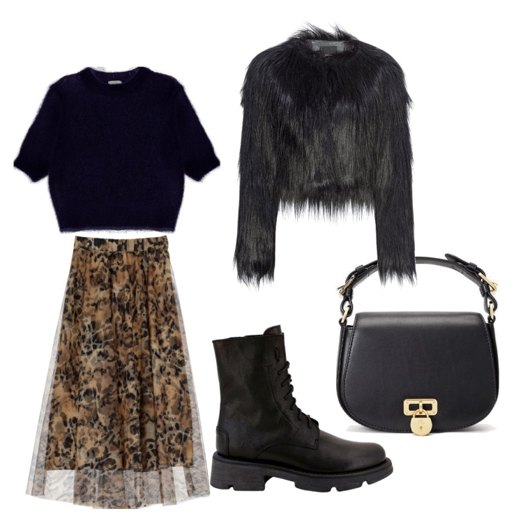 Outfit donna - Jungle. Stile Rock per Tutti i giorni. Abbinamento con blazer, gonne longuette, pullovers, anfibi, borse a tracolla.