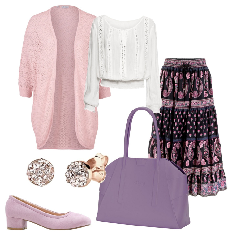 Outfit donna - Gonna lunga fantasia. Stile Romantica per Tutti i giorni. Abbinamento con gonne lunghe, cardigans, décolleté, bluse, borse a spalla, orecchini.